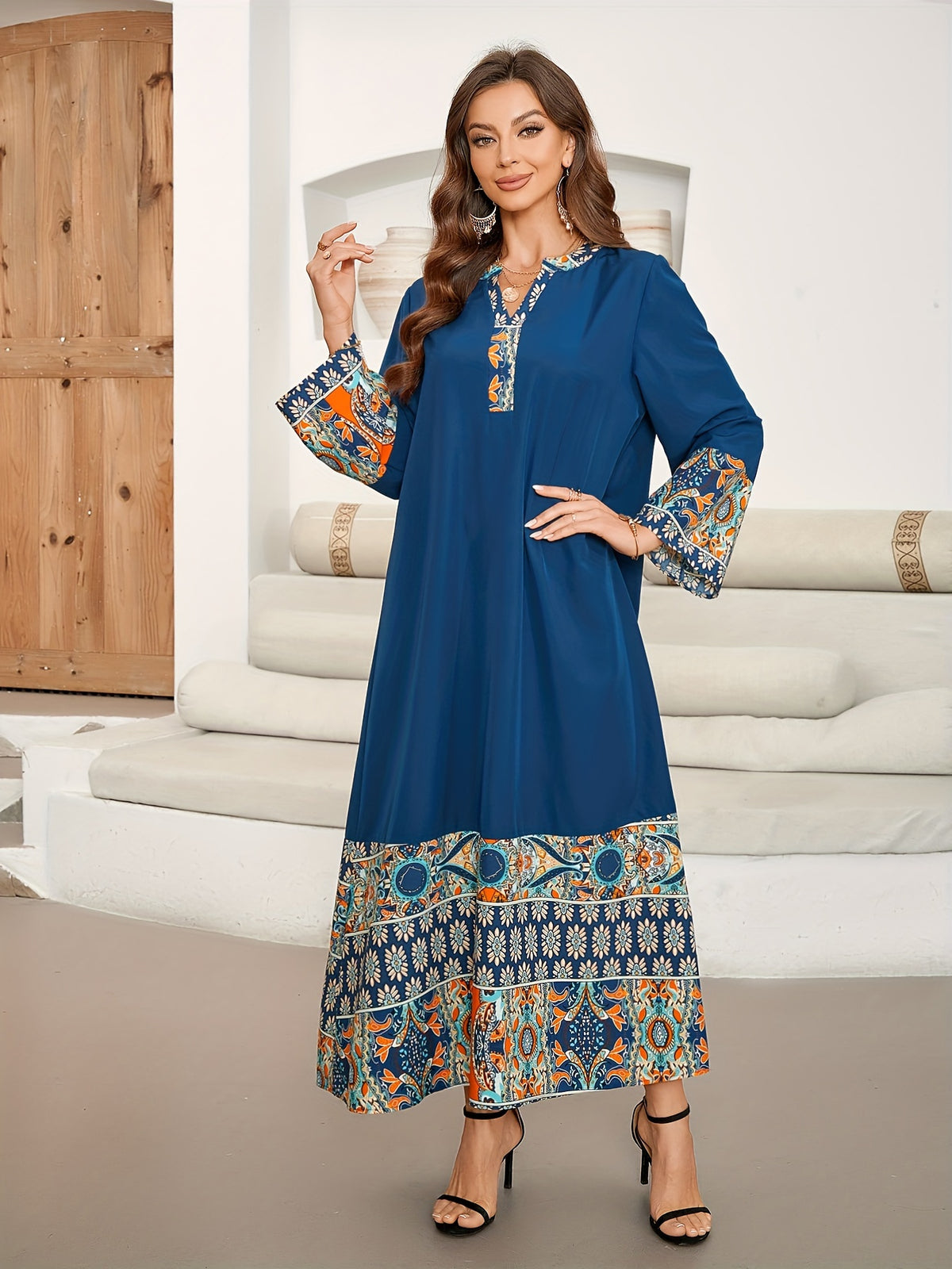 Ramadan Ethnic Print Color Block Kaftan, Elegant Notched Neck Long Sleeve Loose Maxi Length Dress, Women's Clothing