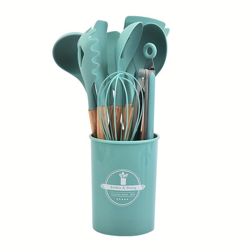 12pcs Silicone Kitchen Utensil Set with Wooden Handles