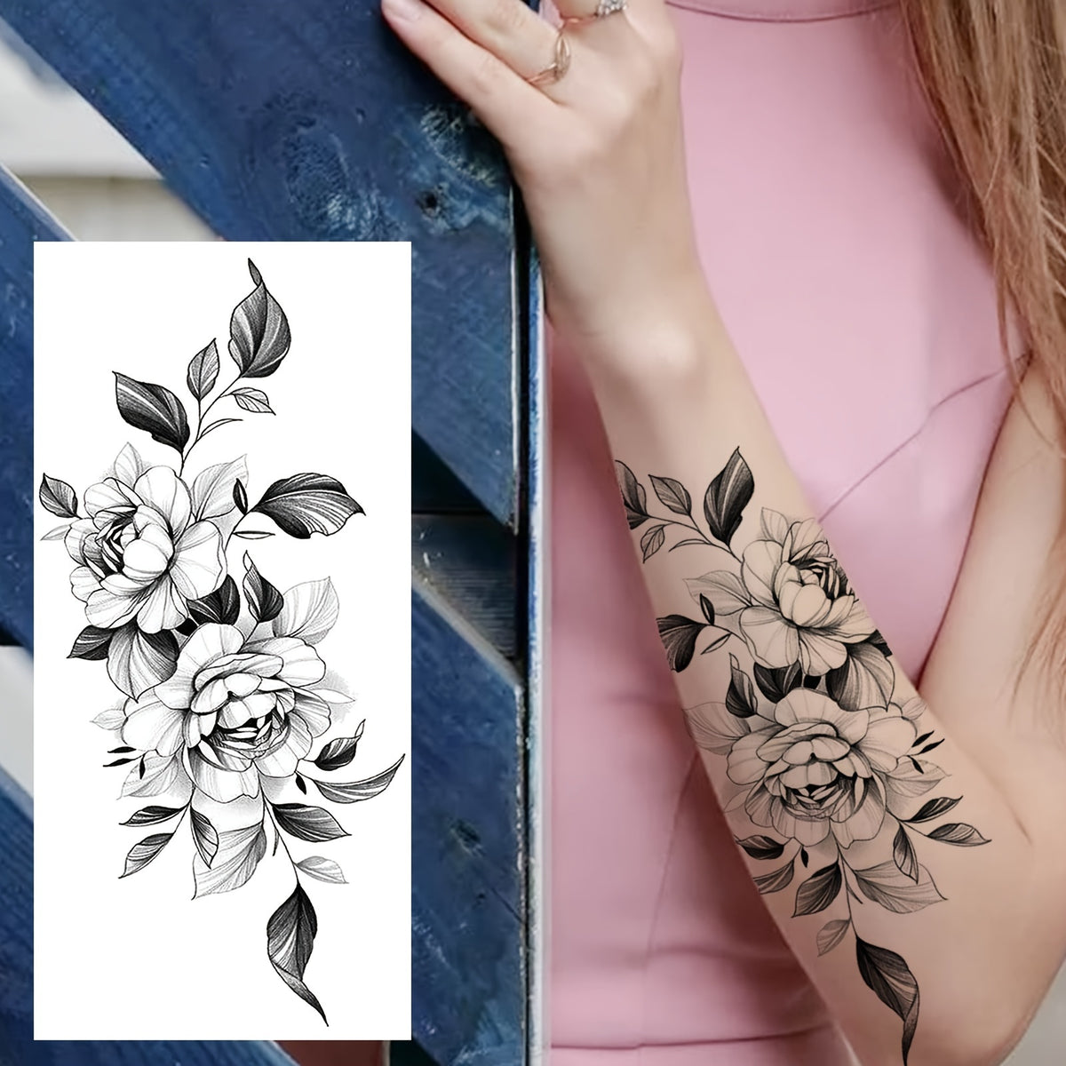Black Sketch Peony Flower Temporary Tattoo - 1 Sheet