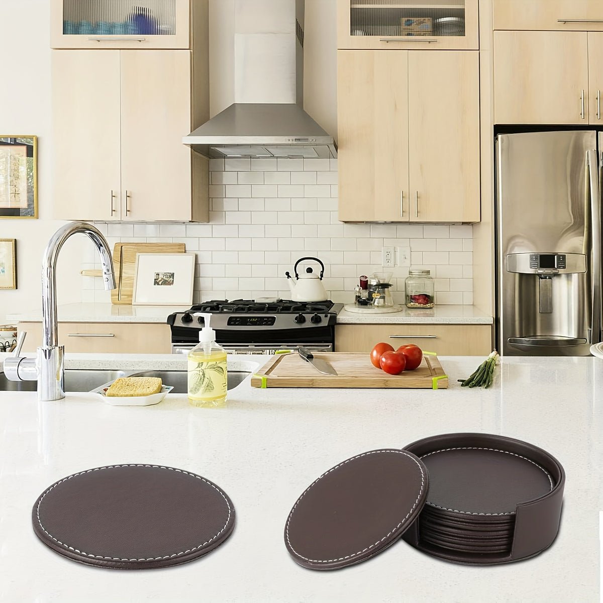 Leather Coasters Set of 6 - Drink Mats for Coffee Table, Bar, Kitchen - Durable Faux Leather Cup Pads for All Occasions - Ideal for Christmas, Halloween, Easter, Hanukkah, Thanksgiving - Round, 10cm