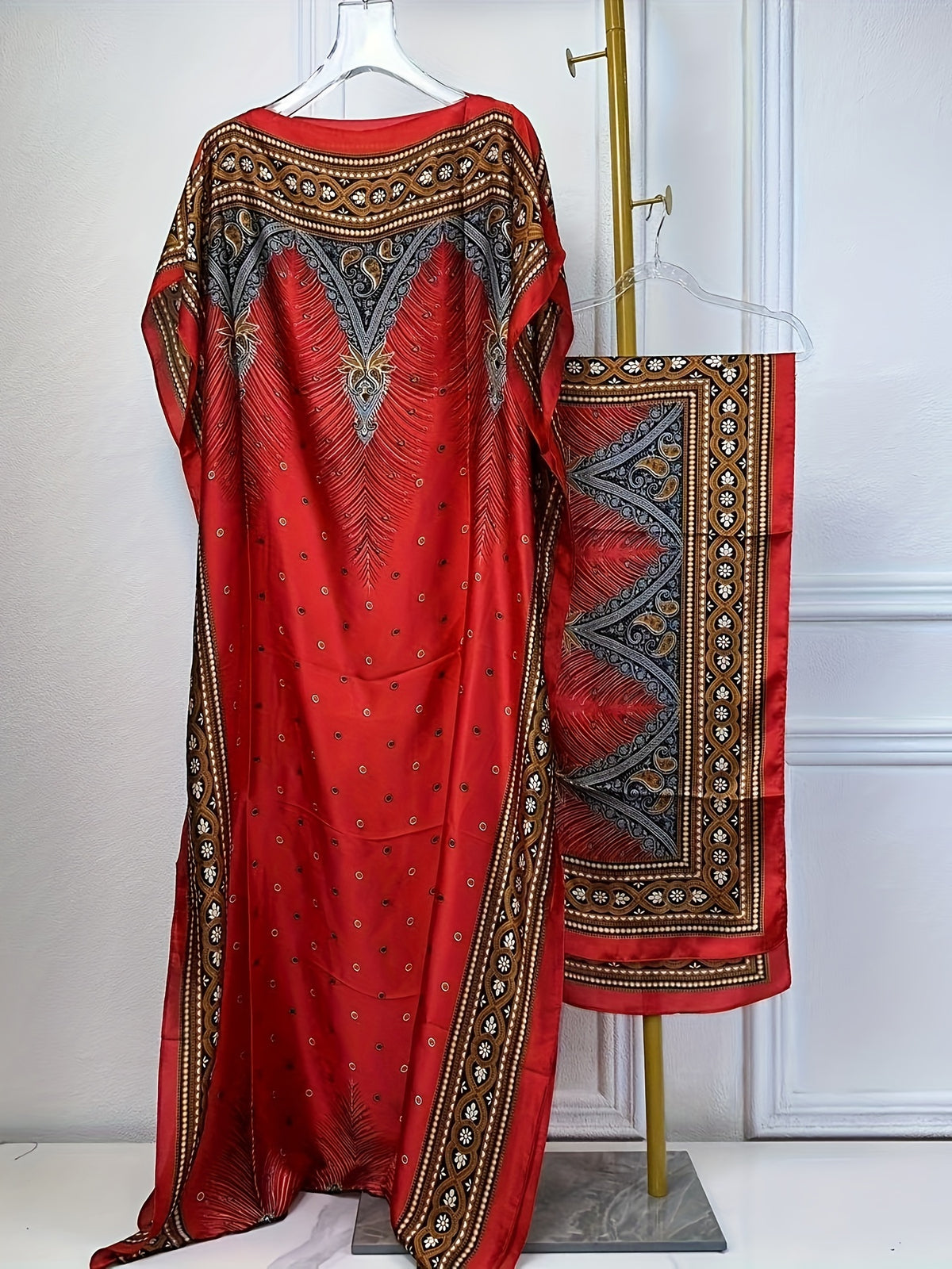 Print Boat Neck Abaya, Elegant Short Batwing Sleeve Loose Dress With Scarf For Spring & Summer, Women'S Clothing