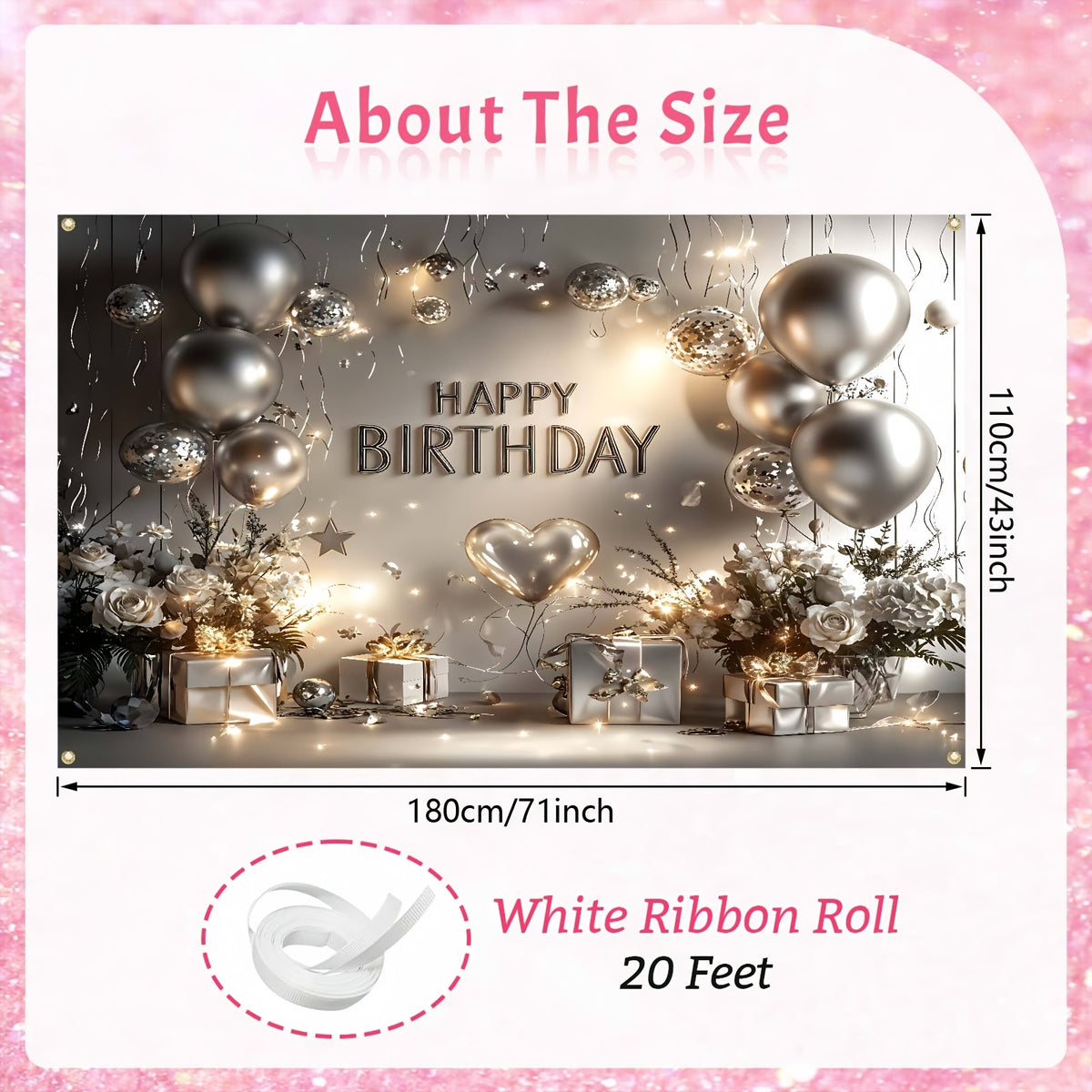 1 Piece, Happy Birthday Banner, Silvery And White Balloons And Gifts Birthday Party Celebration Decorations, 16 Years Old, 18 Years Old, 21 Years Old, 30 Years Old, 40 Years Old, 50 Years Old, 60 Years Old Birthday Party Univ