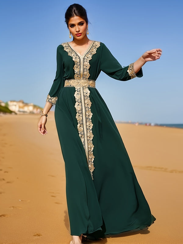 Ramadan Lace Trim V Neck Kaftan, Elegant Long Sleeve Maxi Dress, Women's Clothing