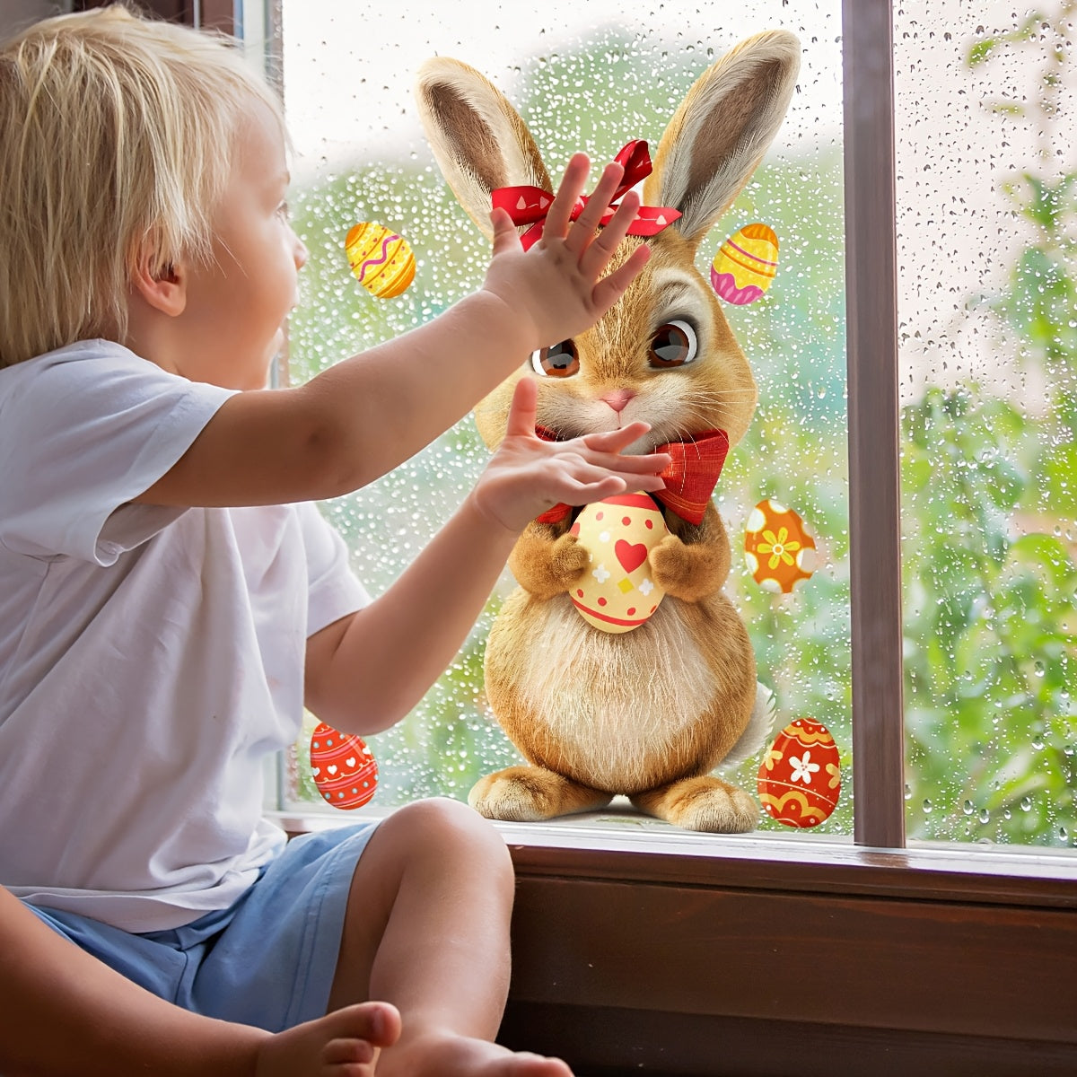Easter Bunny & Egg Double-Sided Electrostatic Glass Window Cling