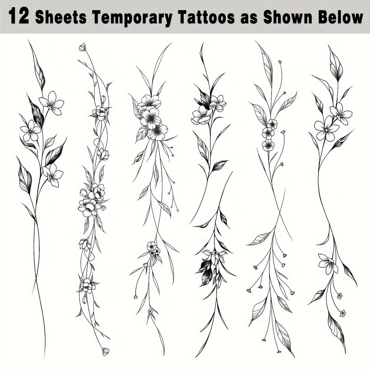 Temporary Tattoos - Long Flowers Vine Leaves Plant Designs - 12 Sheets