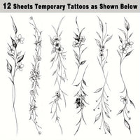 Temporary Tattoos - Long Flowers Vine Leaves Plant Designs - 12 Sheets