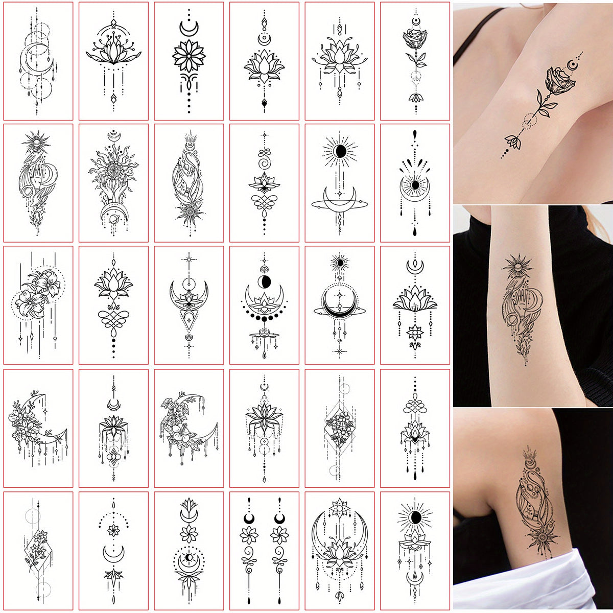 Hand Moon Flower Hannah Pattern Temporary Tattoo Stickers - 30pcs
