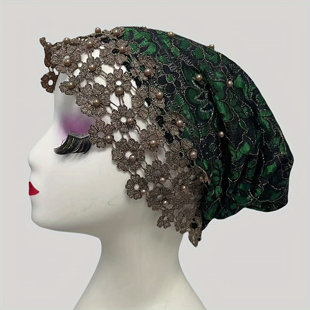 Elegant Jacquard Polyester Headscarf with Pearl Embellishments