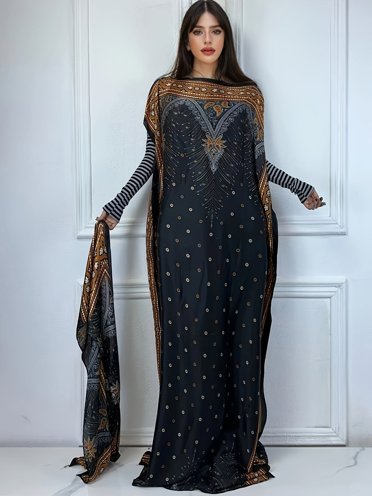 Print Boat Neck Abaya, Elegant Short Batwing Sleeve Loose Dress With Scarf For Spring & Summer, Women'S Clothing