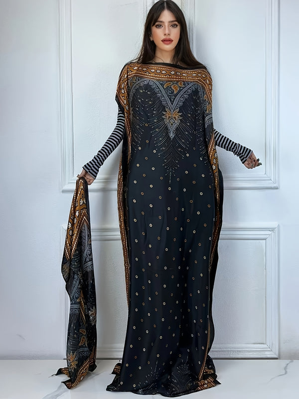 Print Boat Neck Abaya, Elegant Short Batwing Sleeve Loose Dress With Scarf For Spring & Summer, Women'S Clothing