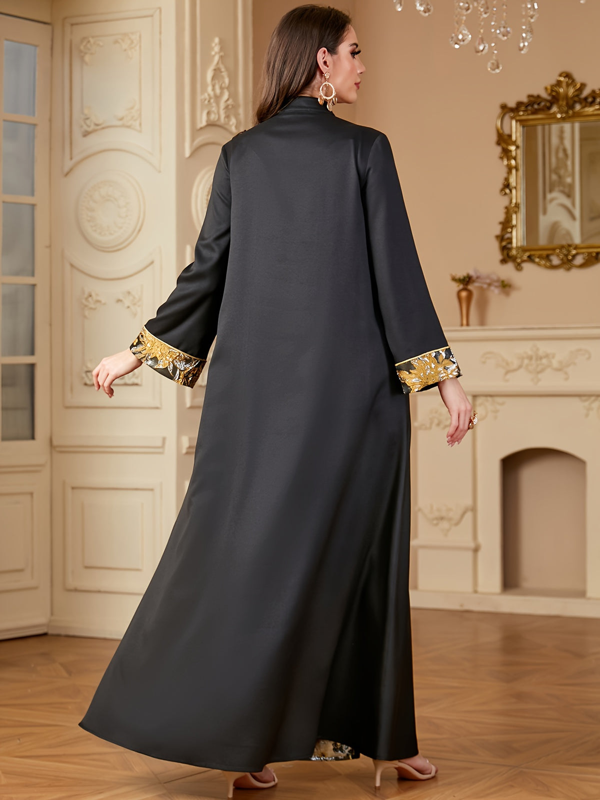 Elegant Black Maxi Dress with Sequin Embroidery & Color Block Design - Long Sleeve, Stand Collar, Polyester - Machine Washable