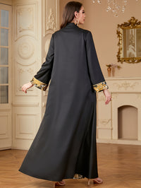 Elegant Black Maxi Dress with Sequin Embroidery & Color Block Design - Long Sleeve, Stand Collar, Polyester - Machine Washable