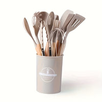 Silicone Kitchen Utensil Set with Wooden Handles