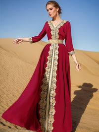 Ramadan Lace Trim V Neck Kaftan, Elegant Long Sleeve Maxi Dress, Women's Clothing