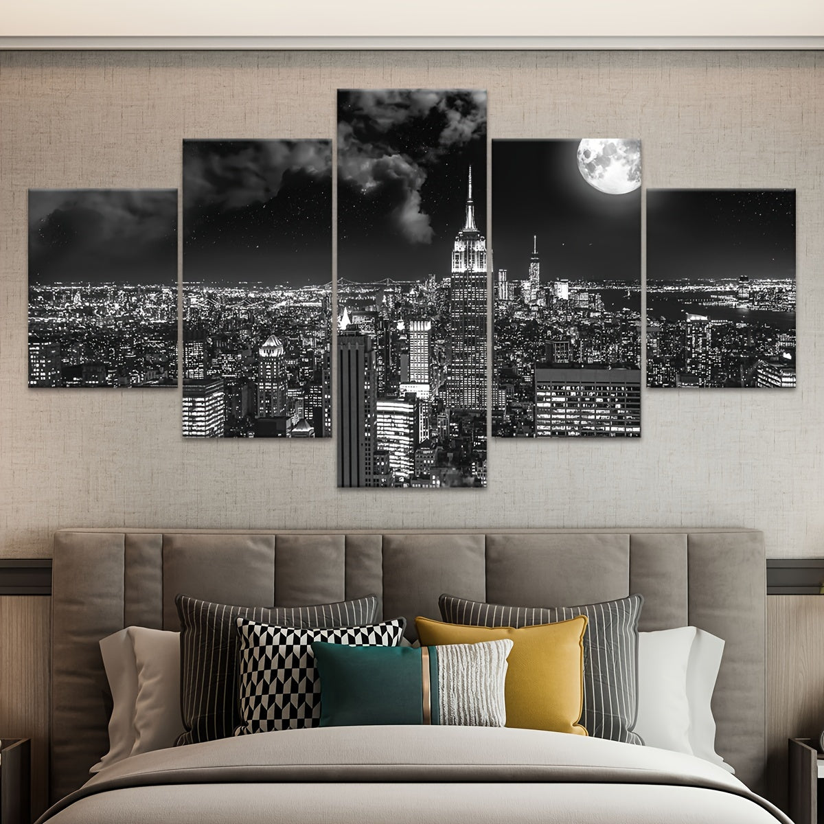Art Deco Urban Night View Canvas Wall Art Set, Black and White City scape - 5pcs