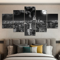 Art Deco Urban Night View Canvas Wall Art Set, Black and White City scape - 5pcs