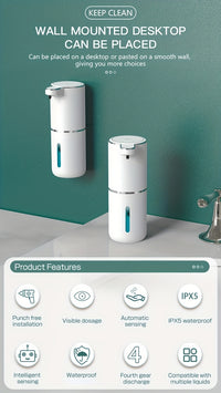 A 380Ml Bathroom Liquid Dispenser for Hand Soap, Featuring a Rechargeable, Wall-Mounted Automatic Sensor.