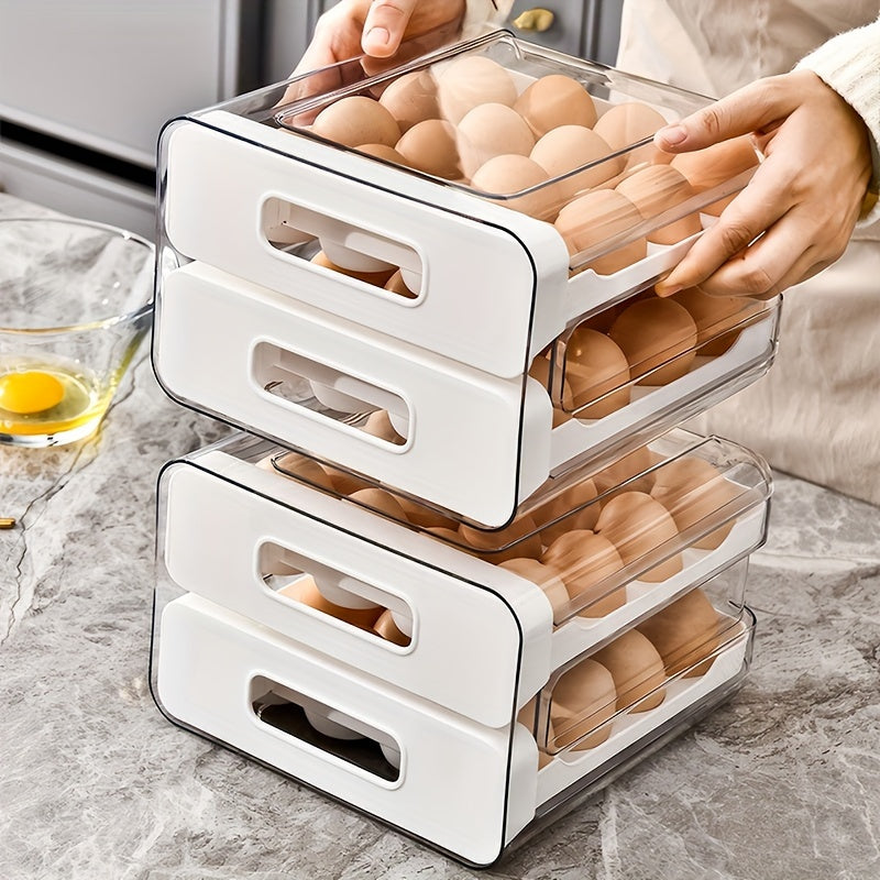 Large 32-Grid Transparent Double-Layer Egg Storage Box with Drawer