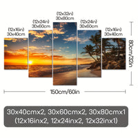 Wooden Framed Canvas Poster, Sunset Sea View Beach Coconut Trees Canvas - 5pcs/set