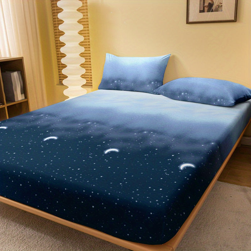 Starry Night Brushed Fitted Sheet - Soft, Breathable Polyester Bedding for Bedroom & Guest Room, Deep Pocket Design, Machine Washable
