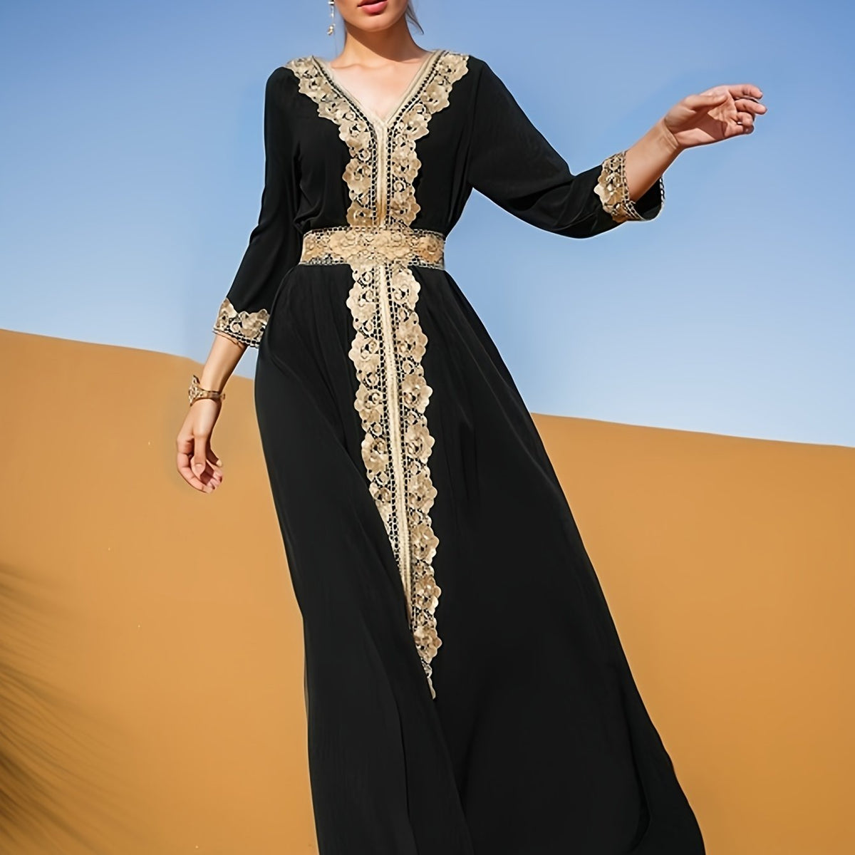 Ramadan Lace Trim V Neck Kaftan, Elegant Long Sleeve Maxi Dress, Women's Clothing