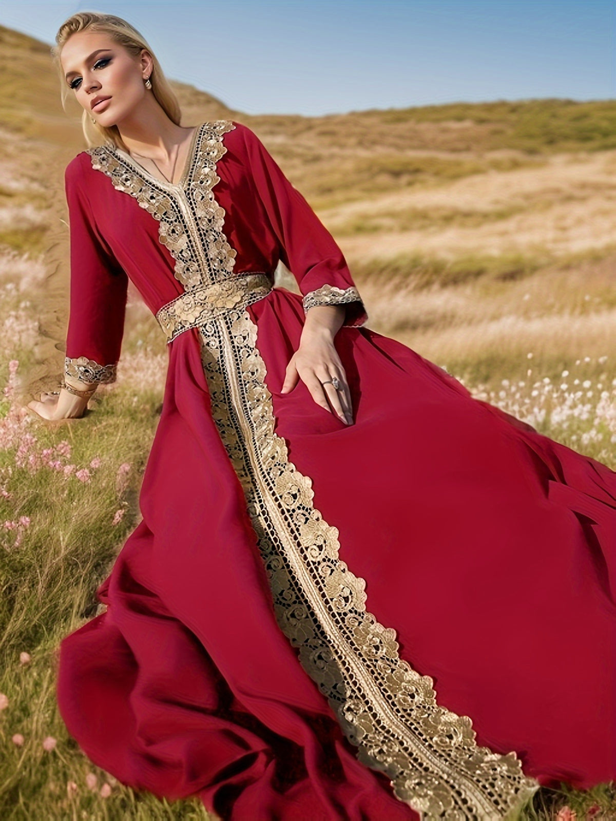 Ramadan Lace Trim V Neck Kaftan, Elegant Long Sleeve Maxi Dress, Women's Clothing