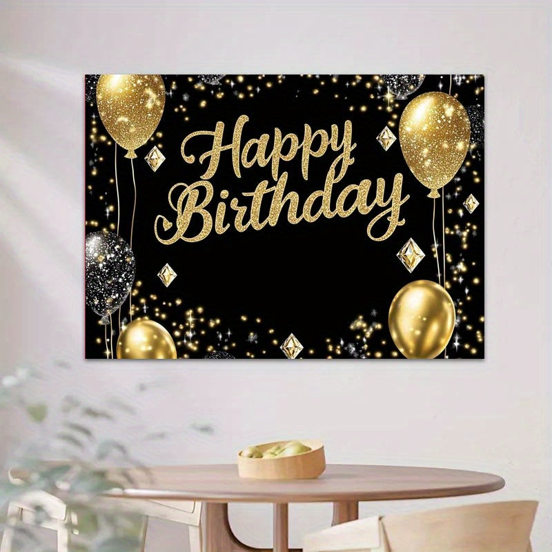 Luxury Black & Golden Happy Birthday Backdrop, Polyester Party Decor with Diamond Balloons & Sparkles, Versatile Indoor/Outdoor Celebration Banner for Weddings, Birthdays & More, No Electricity Needed