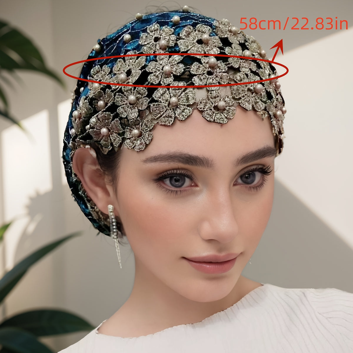 Elegant Jacquard Polyester Headscarf with Pearl Embellishments