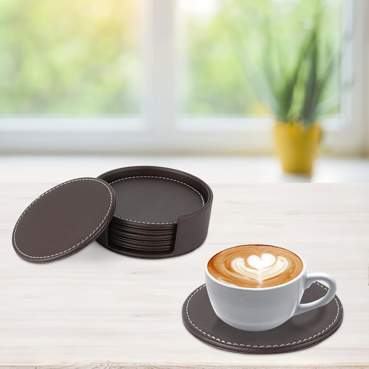 Leather Coasters Set of 6 - Drink Mats for Coffee Table, Bar, Kitchen - Durable Faux Leather Cup Pads for All Occasions - Ideal for Christmas, Halloween, Easter, Hanukkah, Thanksgiving - Round, 10cm