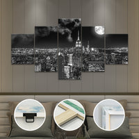 Art Deco Urban Night View Canvas Wall Art Set, Black and White City scape - 5pcs