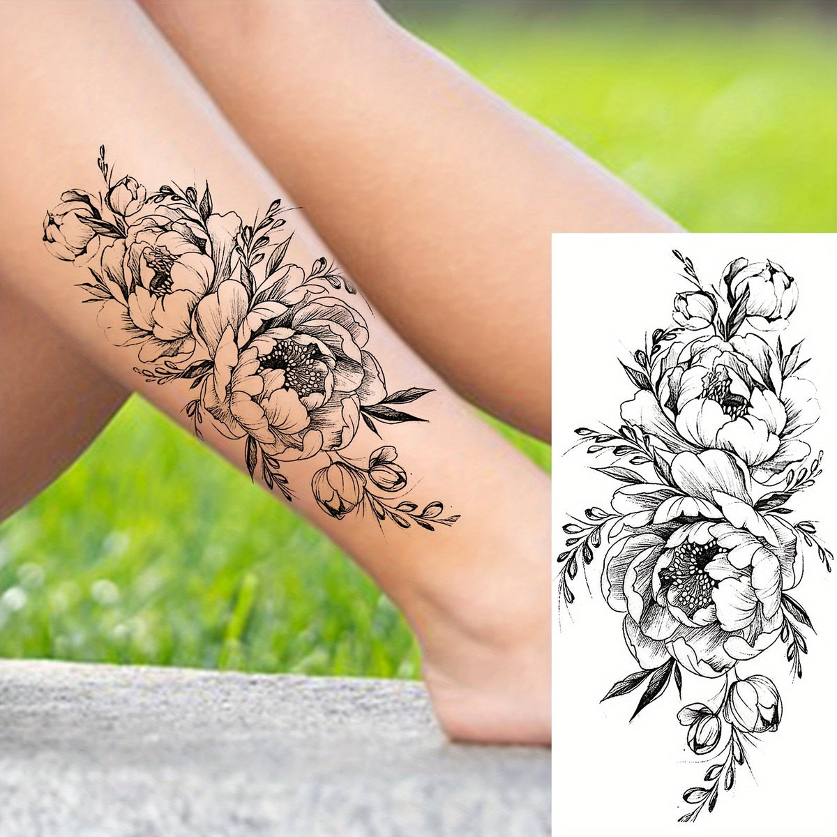 Realistic Black Peony Flower Temporary Tattoo Sticker