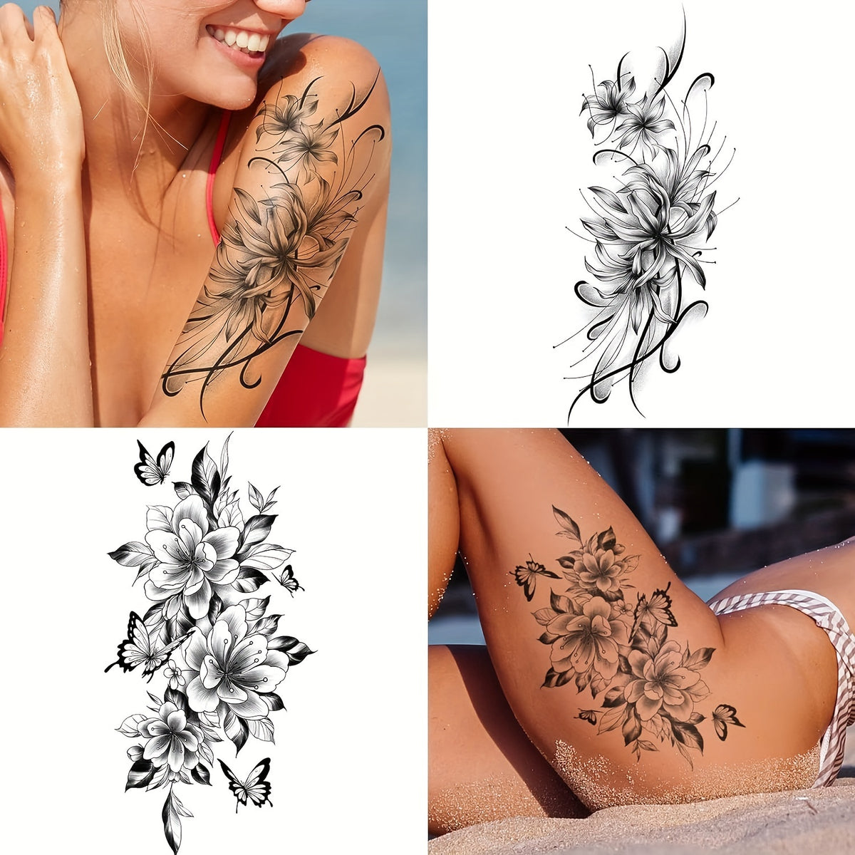 Realistic Floral Temporary Tattoos, Waterproof - 12-Pack