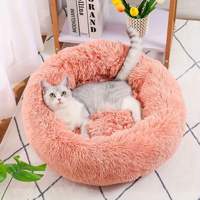 Donut-Shaped Plush Cat Bed, Soft Polyester Fleece, Non-Skid Bottom