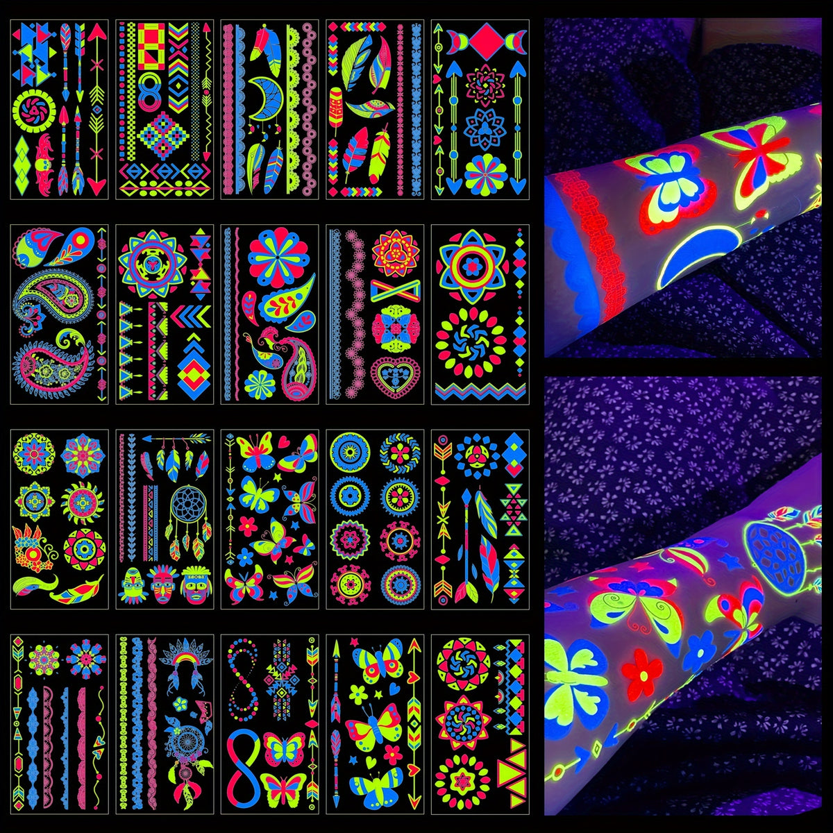 Neon Glow Temporary Tattoos, Blacklight Body Art Stickers, - 20 Sheets