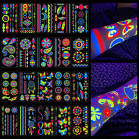 Neon Glow Temporary Tattoos, Blacklight Body Art Stickers, - 20 Sheets