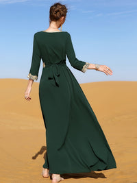 Ramadan Lace Trim V Neck Kaftan, Elegant Long Sleeve Maxi Dress, Women's Clothing