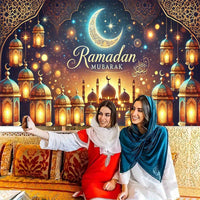 1pc Ramadan Mubarak Night Sky Backdrop - Elegant Crescent Moon & Lanterns Design, Reusable Polyester Party Banner for Indoor/Outdoor Eid Celebrations, Spring & Summer Festive Decor, Festive Backdrop | Elegant Lettering Design