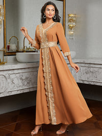Ramadan Lace Trim V Neck Kaftan, Elegant Long Sleeve Maxi Dress, Women's Clothing