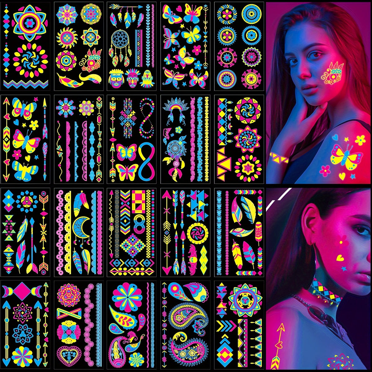 Neon UV Light Temporary Tattoos, Fluorescent Glow in the Dark Stickers - 20-Pack