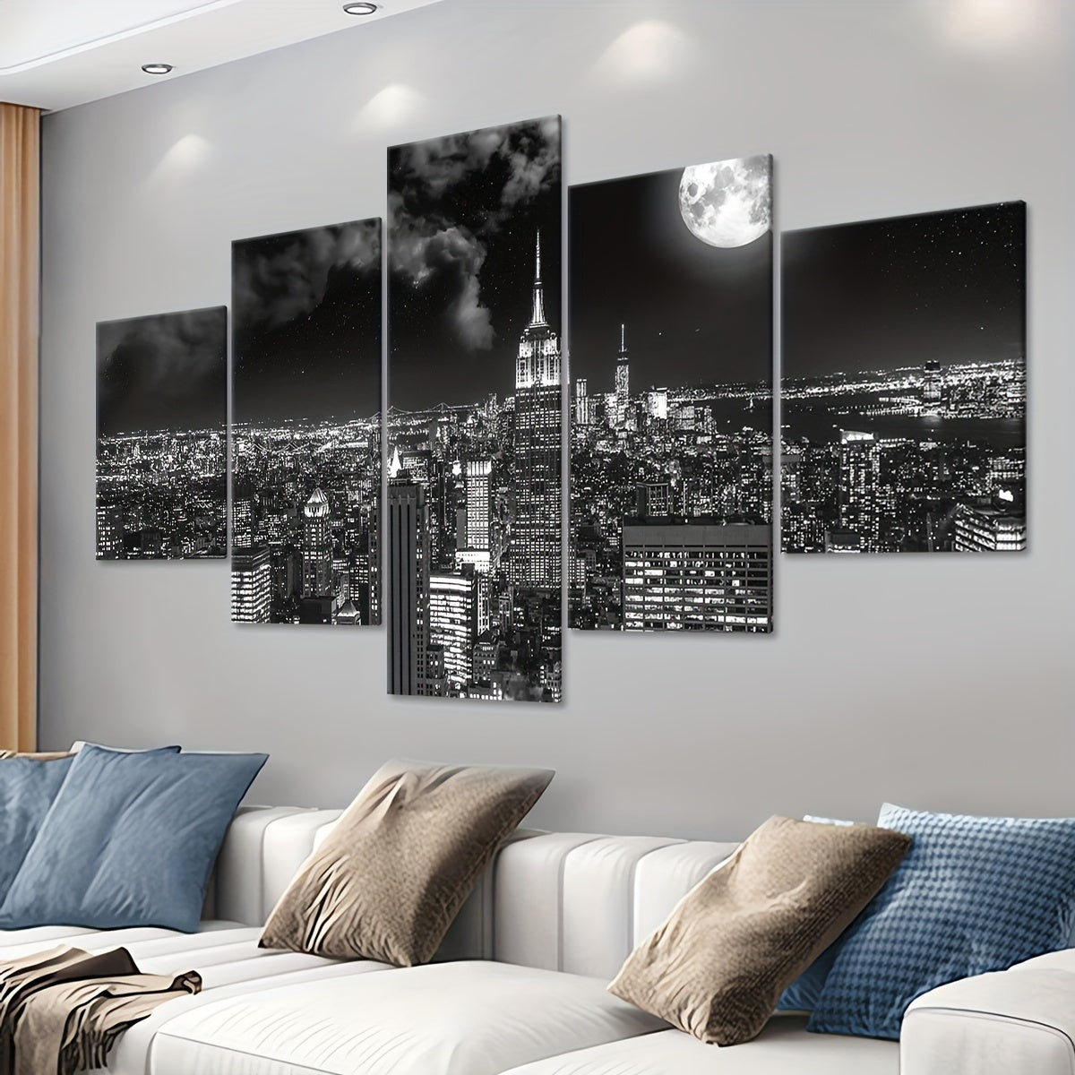 Art Deco Urban Night View Canvas Wall Art Set, Black and White City scape - 5pcs