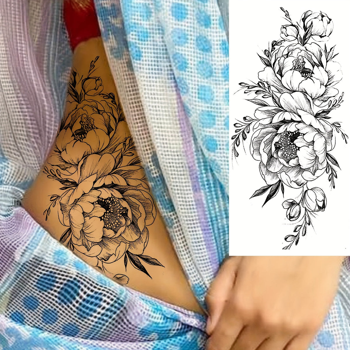 Realistic Black Peony Flower Temporary Tattoo Sticker