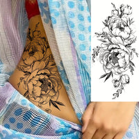 Realistic Black Peony Flower Temporary Tattoo Sticker