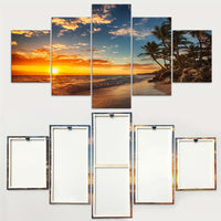 Wooden Framed Canvas Poster, Sunset Sea View Beach Coconut Trees Canvas - 5pcs/set