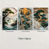 Room Decor - Sun, Moon & Cypress Mountain Stone Carving Art - 3pcs Set
