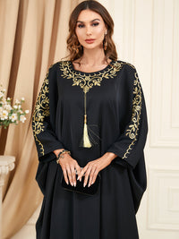 Plus Size Floral Pattern Tassel Decor Kaftan Dress, Elegant Crew Neck Batwing Sleeve Dress, Women's Plus Size Clothing