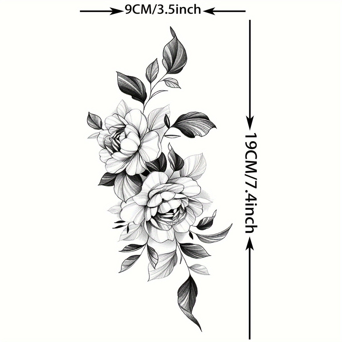 Black Sketch Peony Flower Temporary Tattoo - 1 Sheet