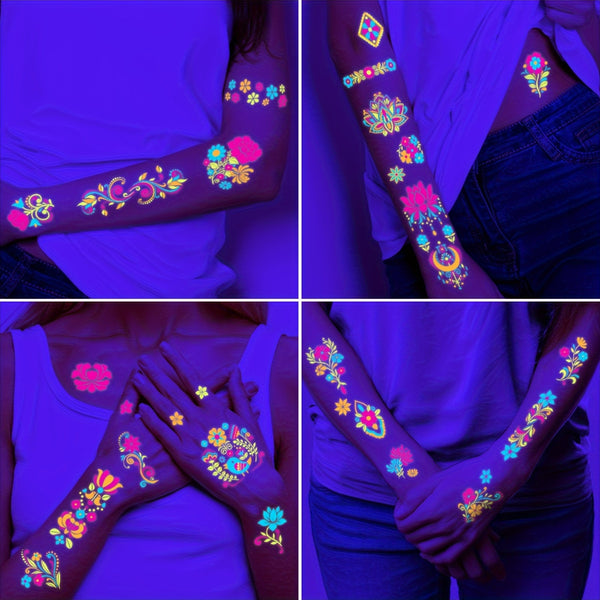 Glow in the Dark Temporary Tattoos - Flashing Neon Flower Totem Design