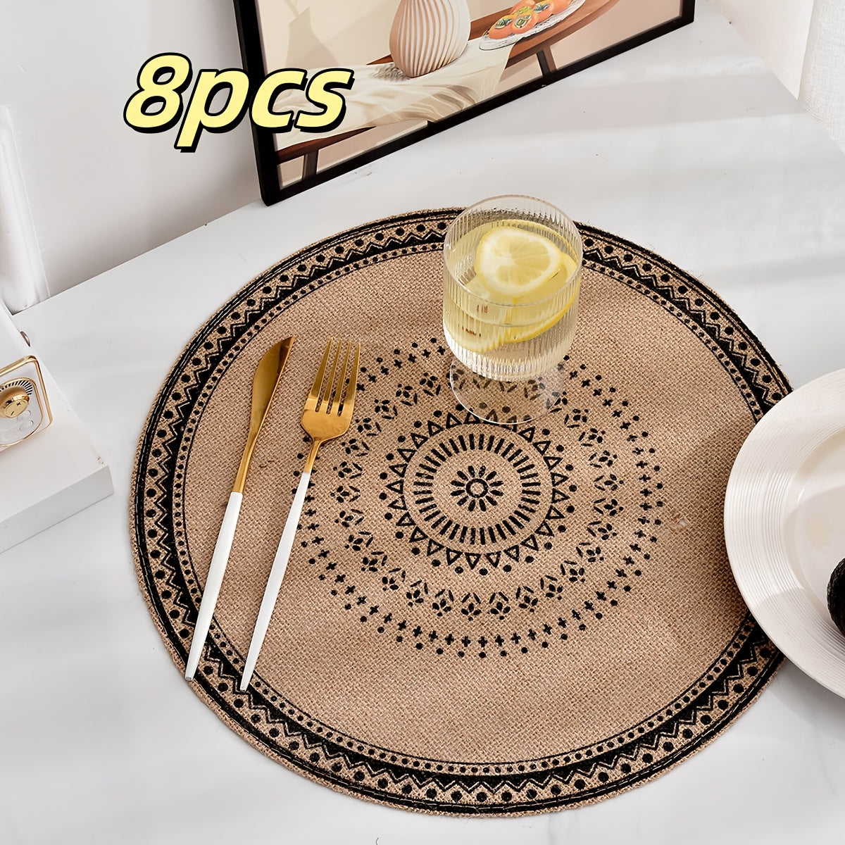 4/6/8pcs Bohemian Jute Placemats Set, Non-Slip Round Dining Table Mats for Kitchen, Wedding, Home Decor, Christmas Party Table Decoration, Handwoven Tissue Cover, Washable