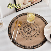 4/6/8pcs Bohemian Jute Placemats Set, Non-Slip Round Dining Table Mats for Kitchen, Wedding, Home Decor, Christmas Party Table Decoration, Handwoven Tissue Cover, Washable
