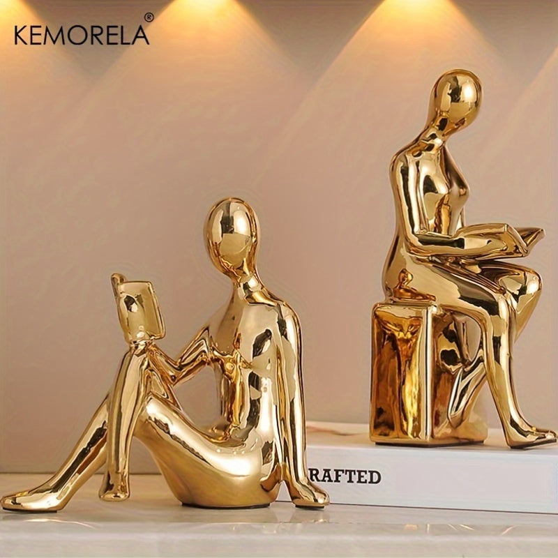 KEMORELA Vintage Ceramic Figurines Set of 2, Luxury Book Reading Statues, Non-Electric Decor for Living Room, Bedroom, Home and Office